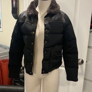 Penfield puffer jacket with leather trim and shearling collar, size S
